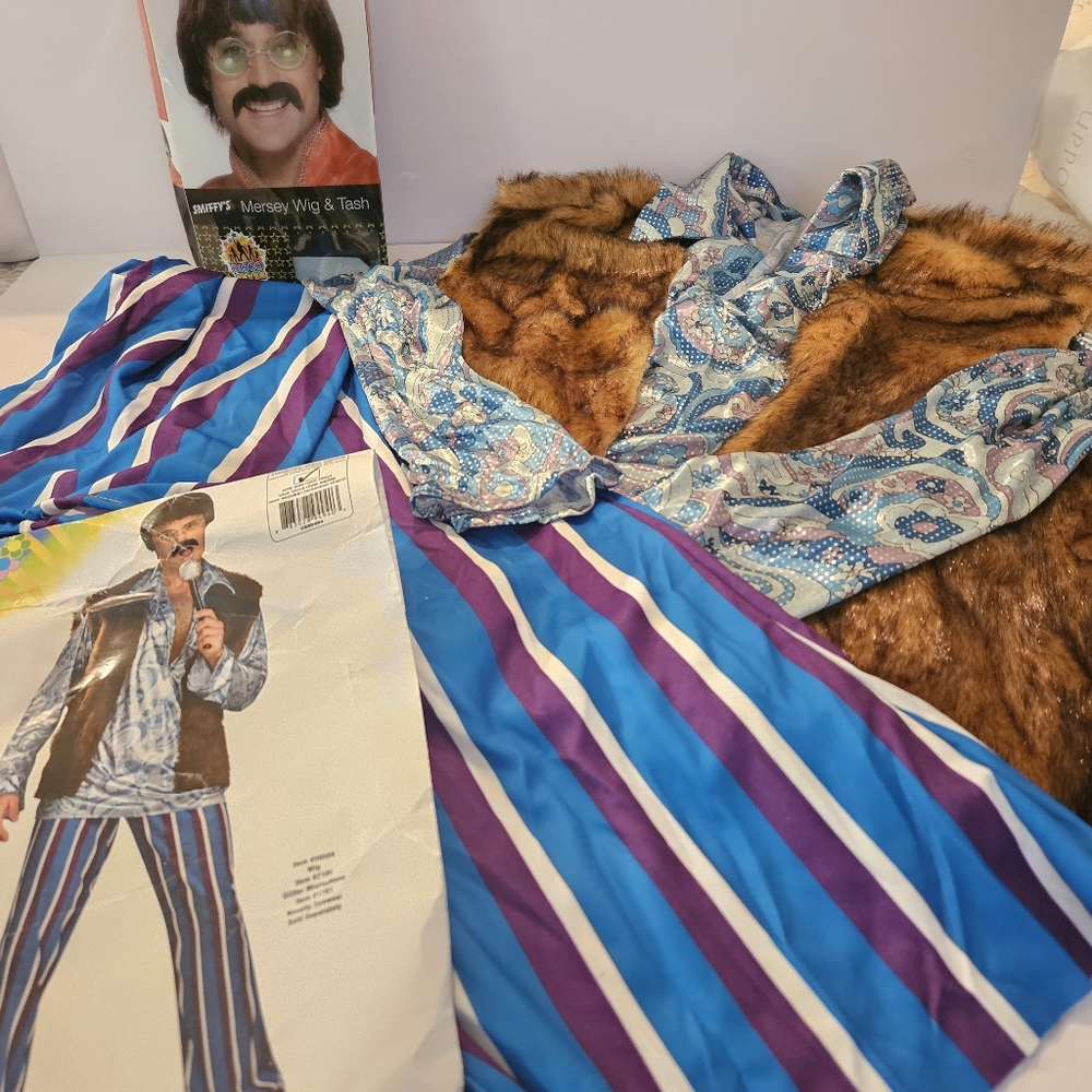 ADULT COSTUME: Hippie Rockstar Guy with wig and mustache- OSFA